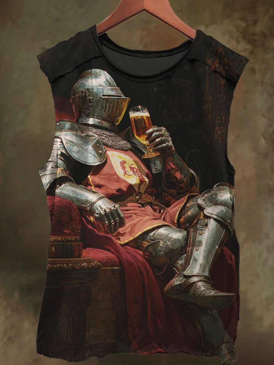 Unisex Wine Glass and Knight Print Casual Cotton Tank Top