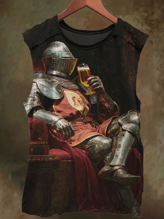Unisex Wine Glass and Knight Print Casual Cotton Tank Top