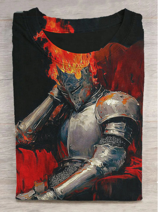 Flaming Knights Printed Round Neck Short Sleeve T-Shirt
