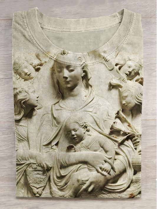 Embossed Madonna and Child Four Angels Print Short Sleeve T-Shirt