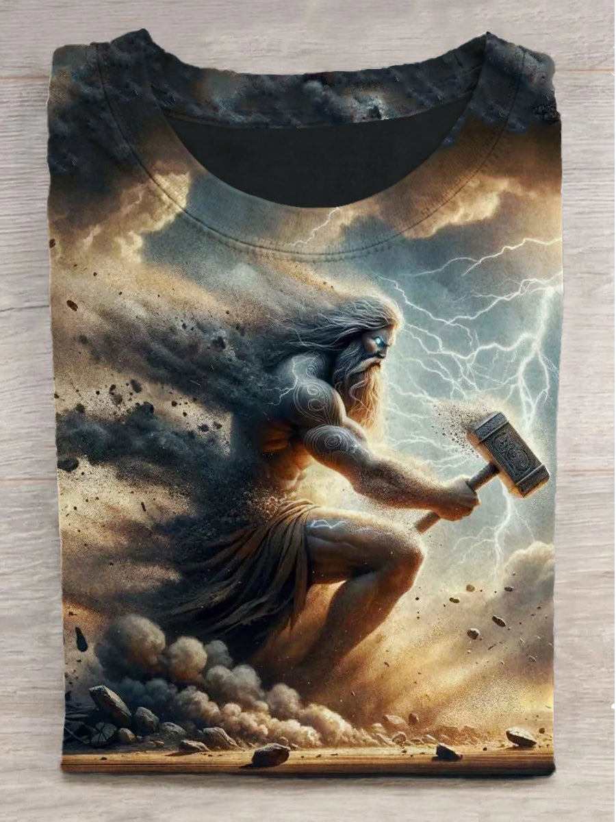 Earth God Printed Round Neck Short Sleeve T-Shirt