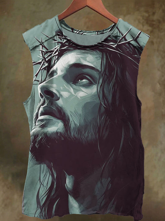 Unisex Oil Painting Jesus Print Casual Cotton Tank Top