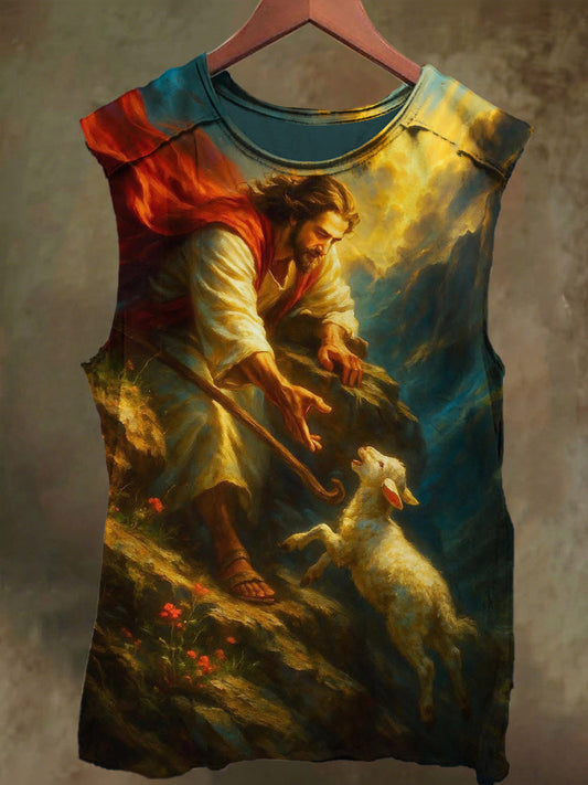 Unisex Jesus and Sheep Print Casual Cotton Tank Top