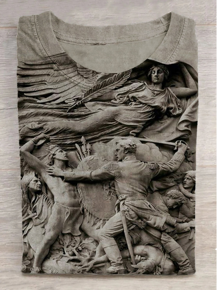 Embossed Monarch Knight Print Round Neck Short Sleeve T-Shirt