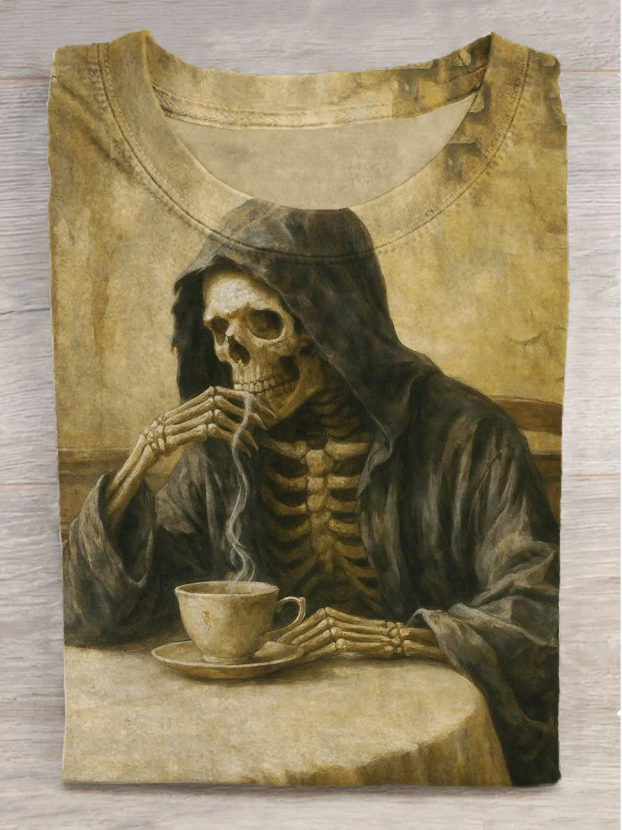 Coffee Drinking Skull Print Crew Neck Short Sleeve T-Shirt
