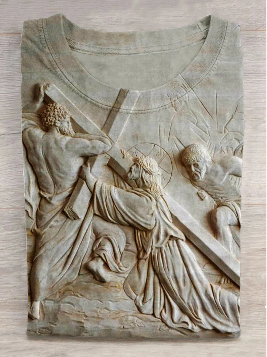 Embossed Cross Jesus Printed Round Neck Short Sleeve T-Shirt