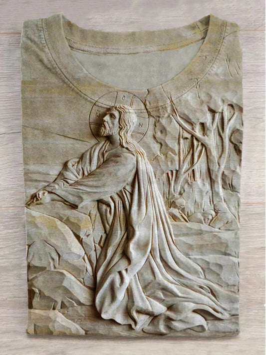 Embossed Jesus Print Round Neck Short Sleeve T-Shirt