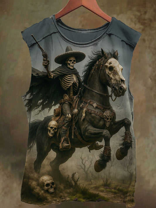 Unisex Denim Punk Skull Print Casual Cotton Tank Top