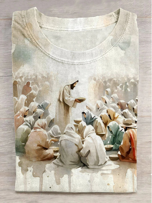 Jesus and Believers Printed Crew Neck Short Sleeve T-Shirt