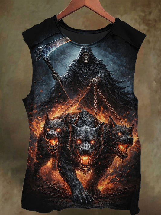 Unisex Skull and Three Headed Wolf Print Casual Cotton Tank Top