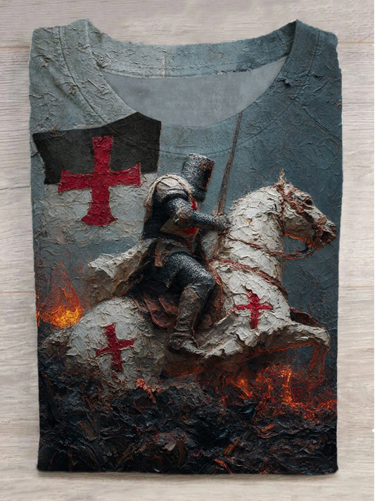 Crusaders on Horseback Oil Print Round Neck Short Sleeve T-Shirt