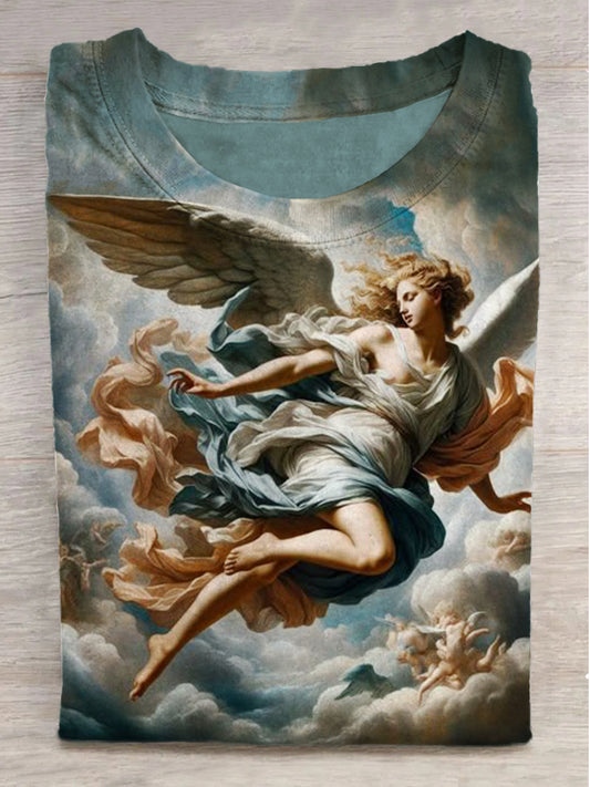 Flying Goddess Printed Round Neck Short Sleeve T-Shirt