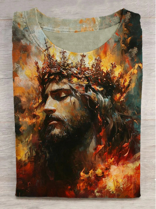 Jesus in Flames Printed Crew Neck Short Sleeve T-Shirt