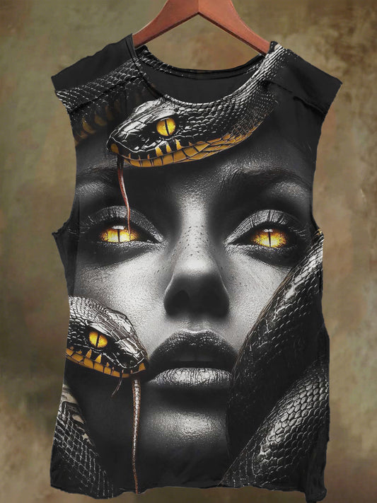 Unisex Dark Black Snake Girl Print Casual Cotton Tank Top