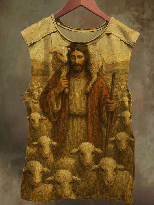 Unisex Jesus and Sheep Print Casual Cotton Tank Top