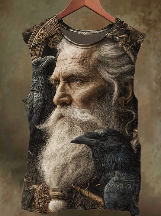 Unisex Old Man and Crow Print Casual Cotton Tank Top