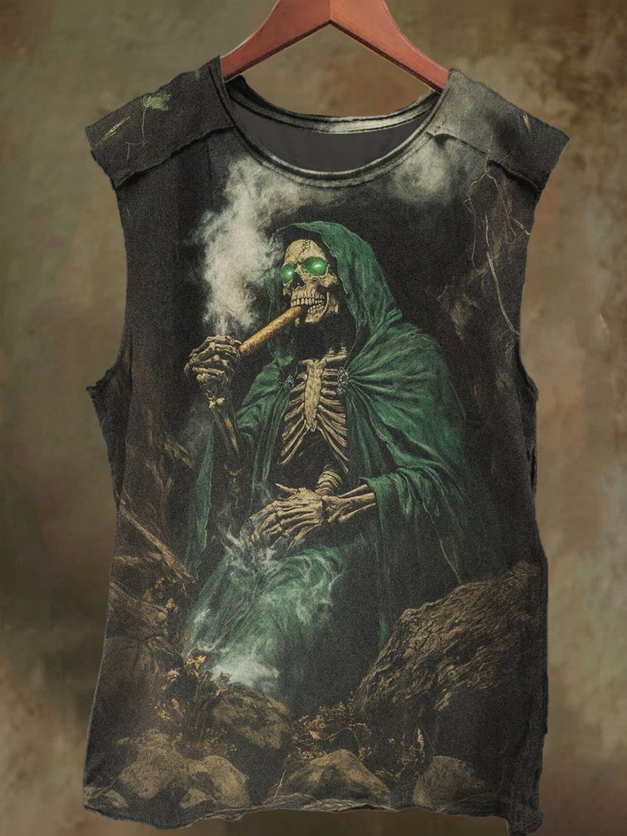 Unisex Skull Smoking Print Casual Cotton Tank Top