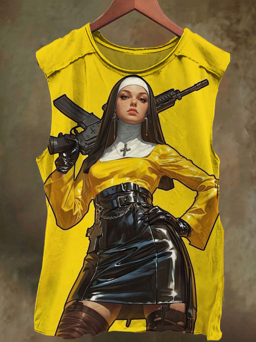 Unisex Nun with Gun Print Casual Cotton Tank Top