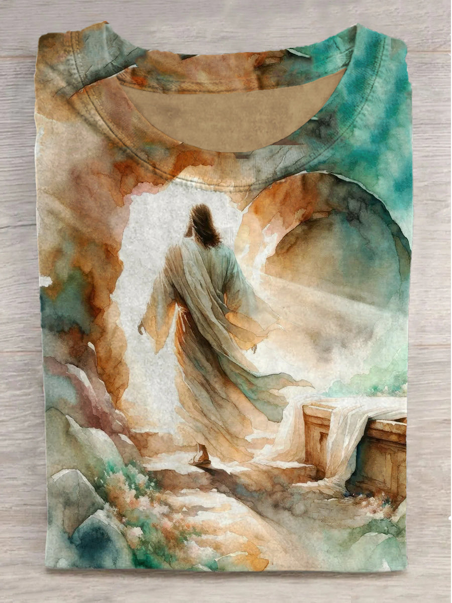 Watercolor Jesus Print Crew Neck Short Sleeve T-Shirt