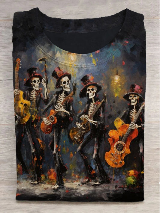 Rock Punk Skeleton's Rave Print Round Neck Short Sleeve T-Shirt
