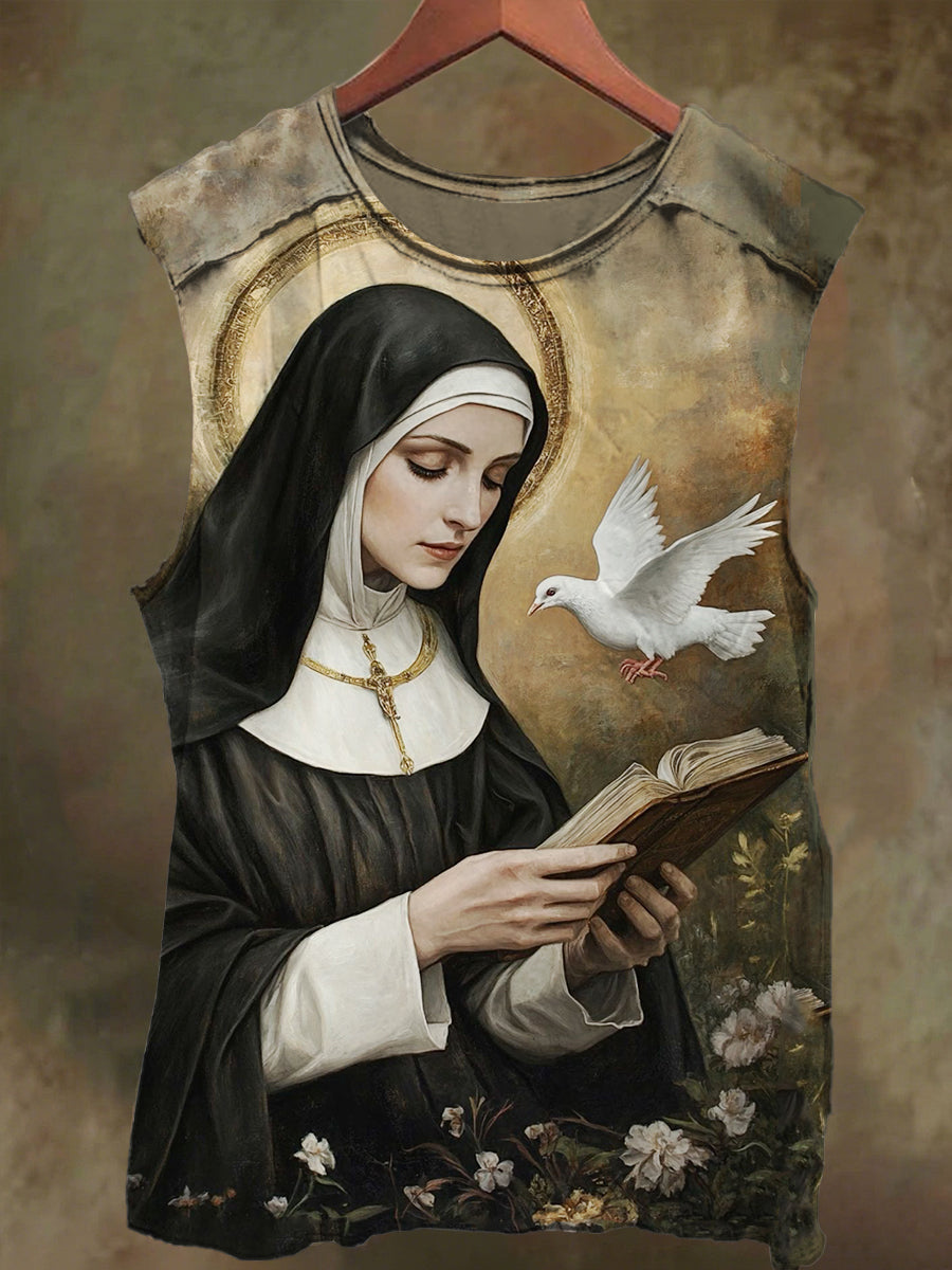 Unisex Peace Dove and Nun Print Casual Cotton Tank Top