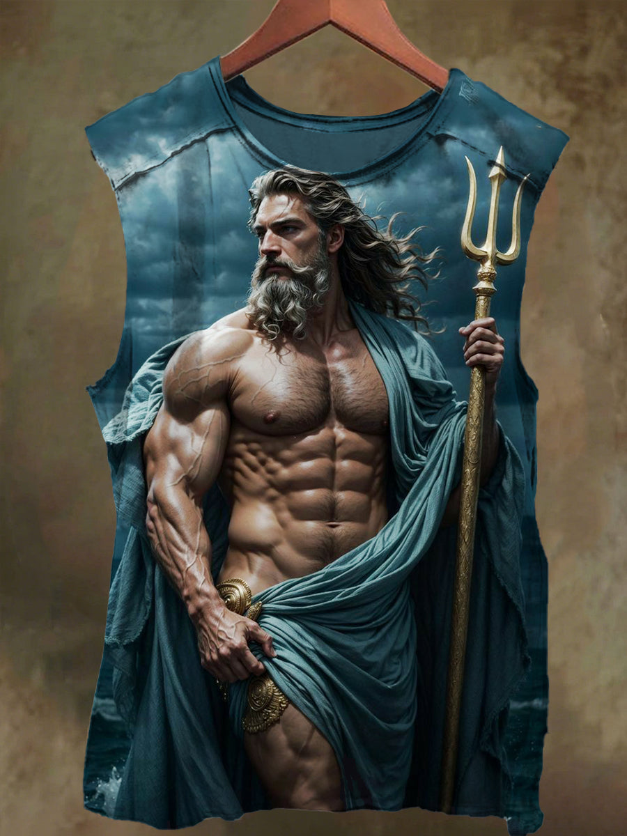 Unisex Poseidon and Trident Print Casual Cotton Tank Top