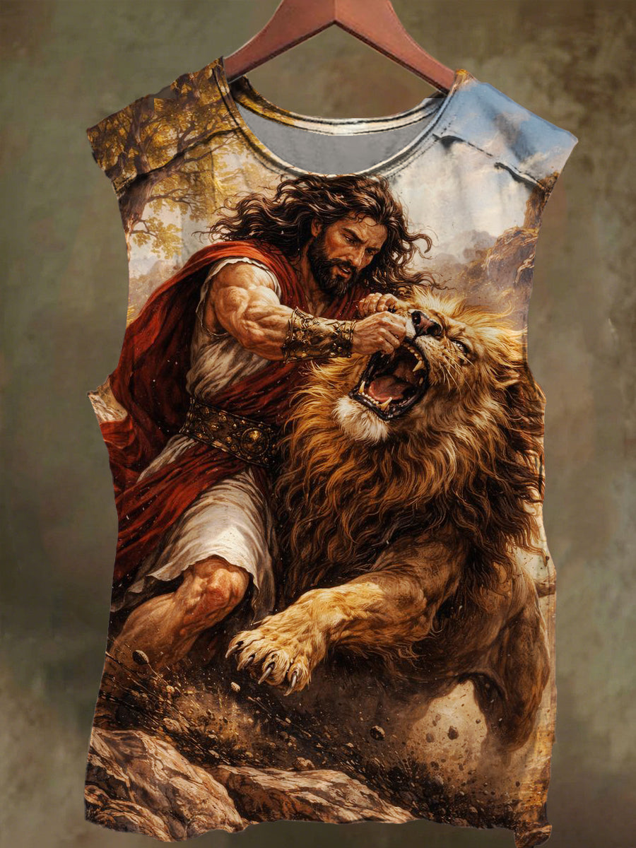 Unisex Samurai and Lion Print Casual Cotton Tank Top