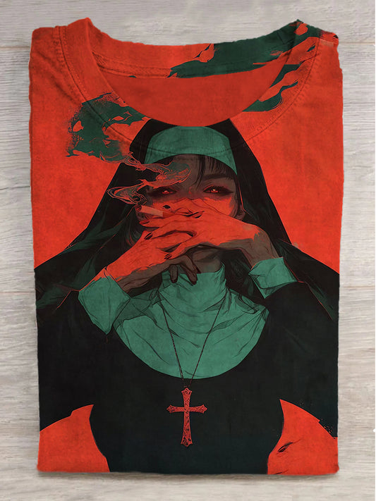 Smoking Nun Printed Round Neck Short Sleeve T-Shirt