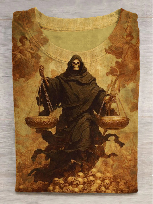 Angel and Skull Print Round Neck Short Sleeve T-Shirt