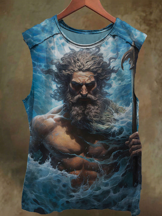 Unisex Poseidon in the Sea Print Casual Cotton Tank Top
