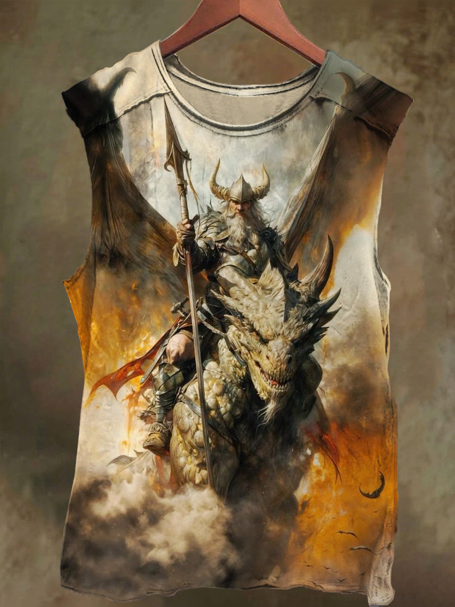 Unisex Warrior and Dragon Print Casual Cotton Tank Top