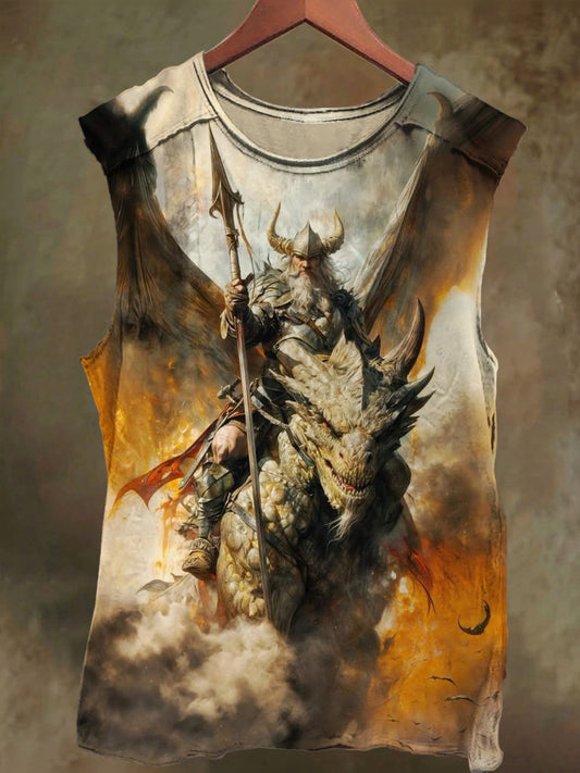 Unisex Warrior and Dragon Print Casual Cotton Tank Top