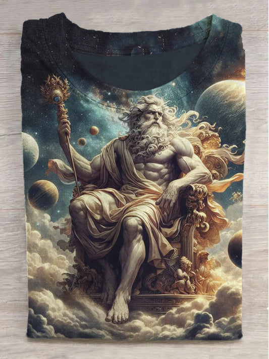 God Zeus Print Round Neck Short Sleeve T-Shirt