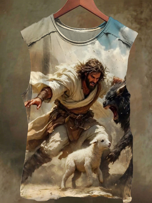 Unisex Jesus and Sheep Print Casual Cotton Tank Top