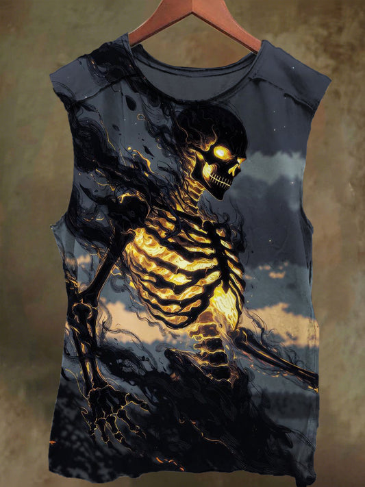 Unisex Flaming Skull Print Casual Cotton Tank Top