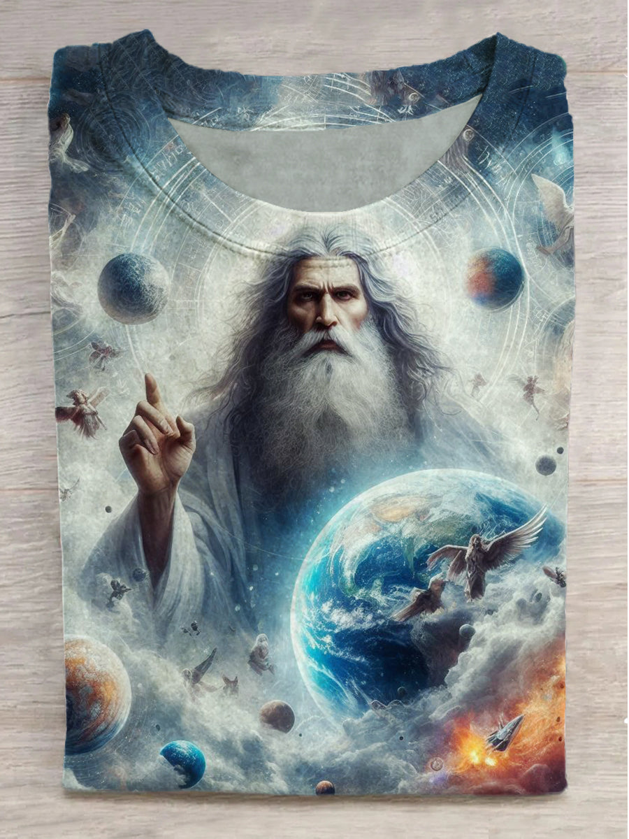 Cosmos and God Printed Crew Neck Short Sleeve T-Shirt