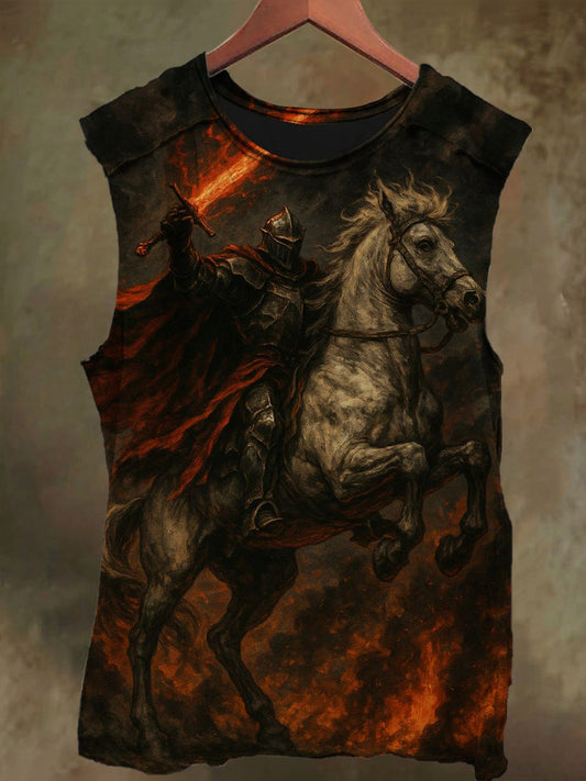 Unisex Rider on Horseback Print Casual Cotton Vest