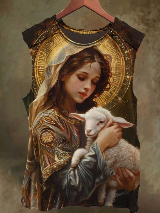 Unisex Goddess of Mercy and Sheep Print Casual Cotton Tank Top