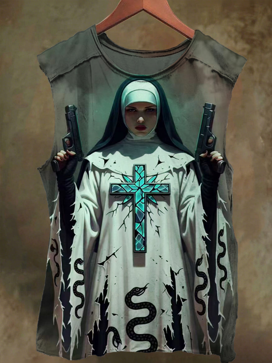 Unisex Nun with Gun Print Casual Cotton Tank Top