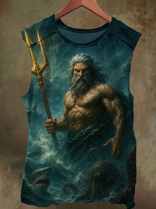 Unisex Poseidon and Trident Print Casual Cotton Tank Top
