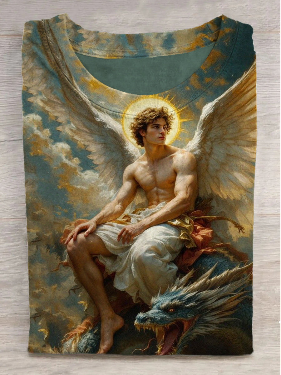 Angel and Dragon Print Round Neck Short Sleeve T-Shirt