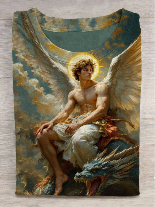Angel and Dragon Print Round Neck Short Sleeve T-Shirt