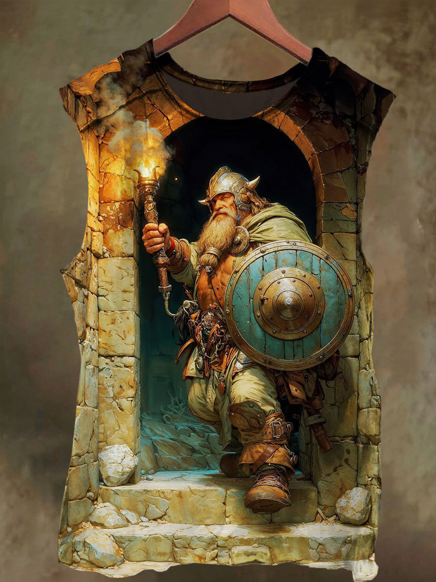 Unisex Old Man Warrior Print Casual Cotton Tank Top