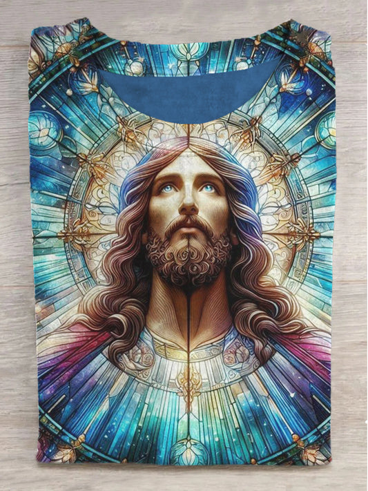 Jesus Printed Round Neck Short Sleeve T-Shirt