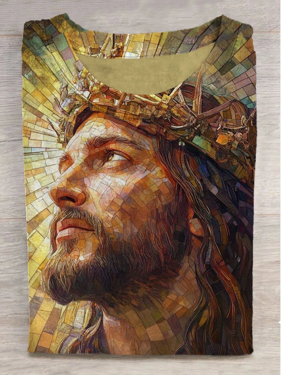 Crown Jesus Printed Round Neck Short Sleeve T-Shirt