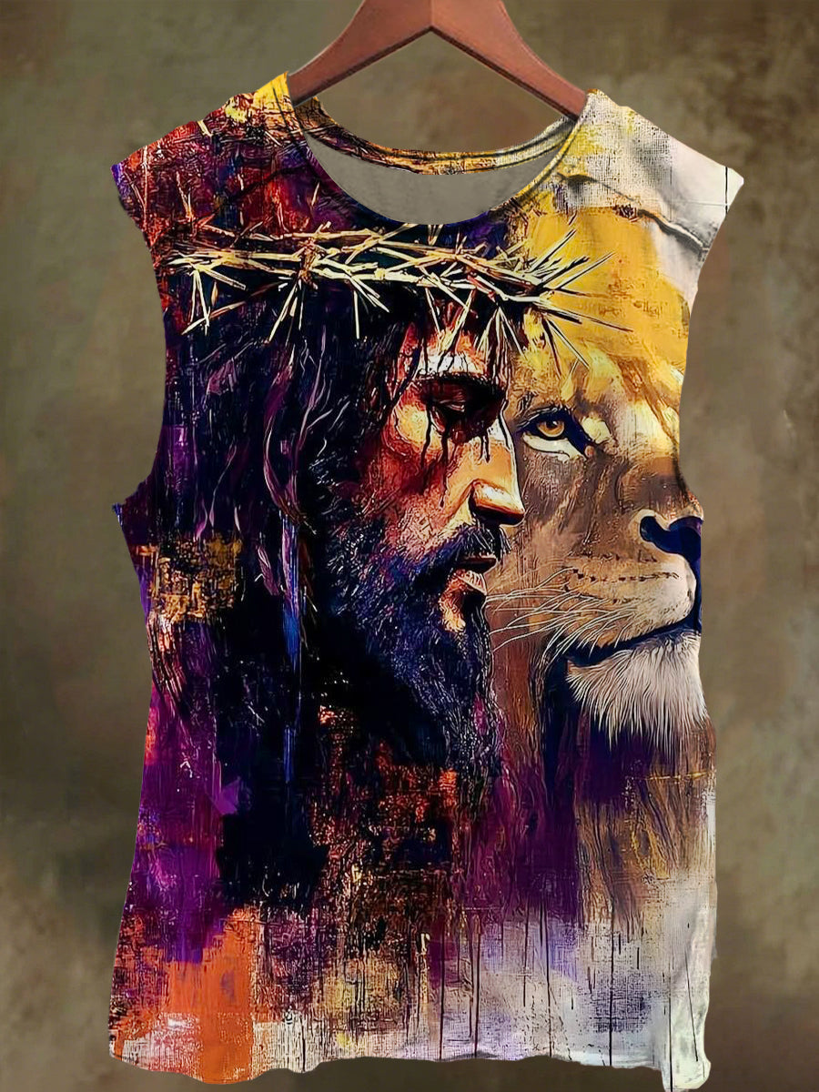 Unisex Jesus and Lion Print Casual Cotton Tank Top