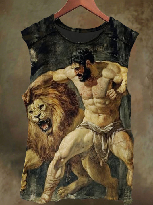 Unisex Grit and Lion Print Casual Cotton Tank Top