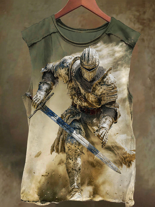 Unisex Knight and Sword Print Casual Cotton Tank Top