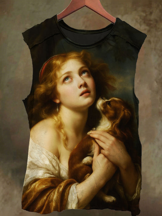 Unisex Goddess and Dog Print Casual Cotton Tank Top