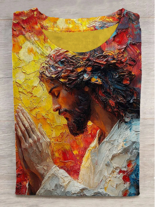 Jesus in Flames Printed Crew Neck Short Sleeve T-Shirt